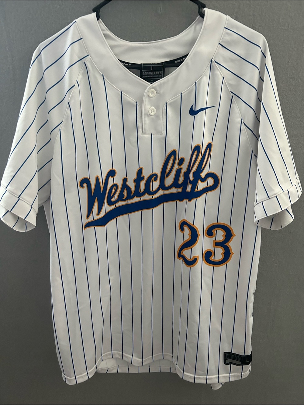 Westcliff White Pinstripe Nike Baseball Jersey Men's Large Swoosh Logo #23